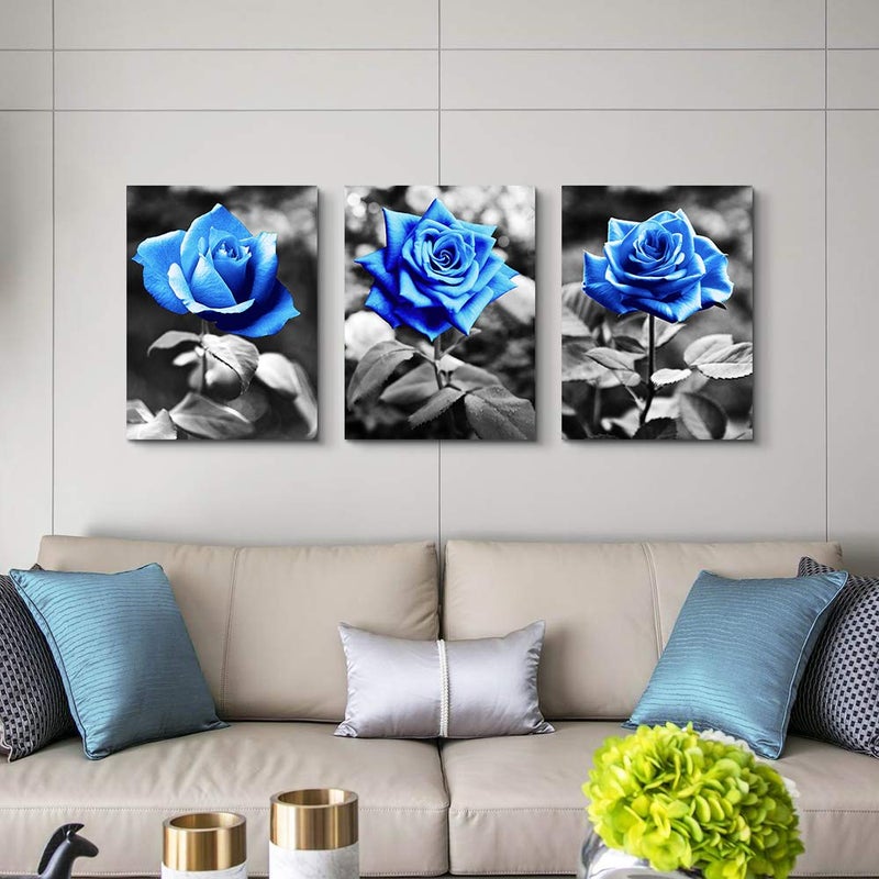 TTHYUEWS bedroom Wall Art for living room bathroom Wall Decor for kitchen family pictures artwork Black and white Blue rose flowers Canvas paintings 16" x 24" 3 Pieces framed Modern office Home decorations - Image 4